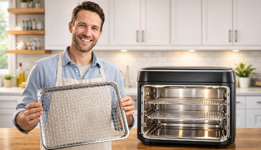 cleaning grease from air fryer oven tray with sponge