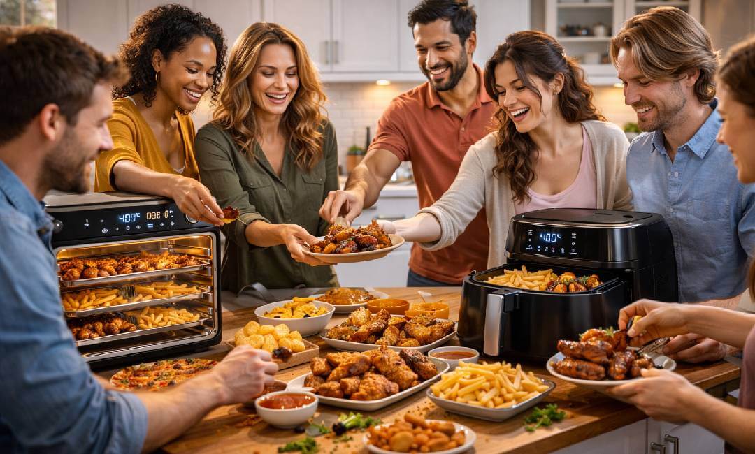 Friends enjoying fries and chicken wings cooked in an air fryer oven and basket air fryer in a modern kitchen