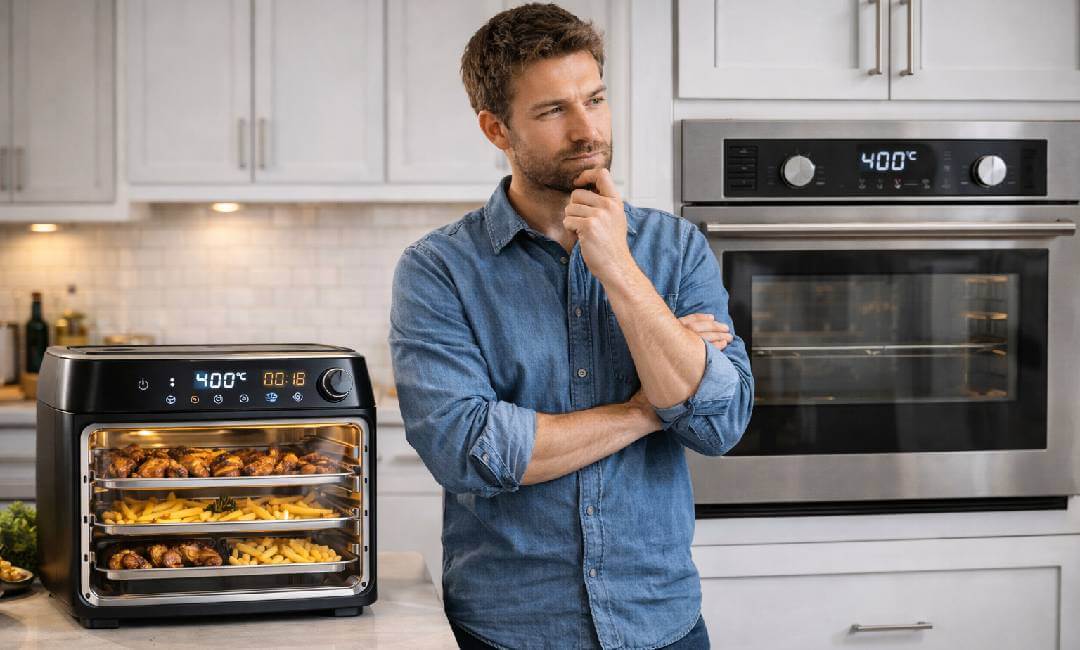 Home cook deciding between air fryer oven on counter and built-in convection oven in modern kitchen