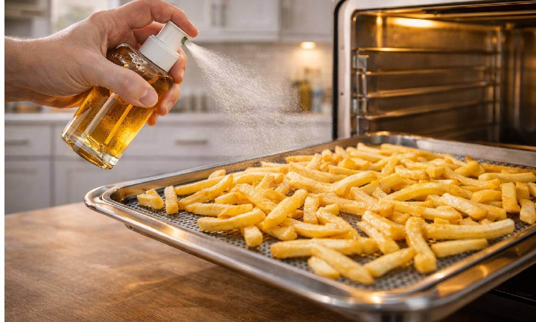 Hand spraying cooking oil over fries on an air fryer oven tray for even crispiness