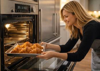Blonde woman placing tray of freshly baked croissants into air fryer oven in modern kitchen