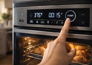 Finger pressing start button on air fryer oven digital control panel while food cooks inside