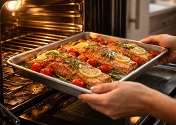 Home cook placing tray of seasoned salmon fillets with cherry tomatoes and rosemary into oven