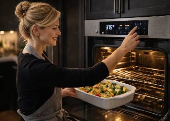 Smiling woman pressing digital control panel on air fryer oven while holding baking dish with vegetables