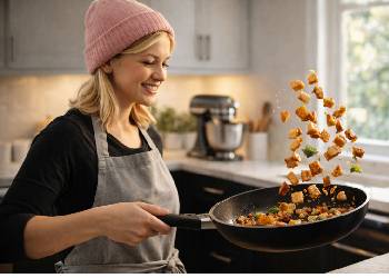 Woman flipping food in frying pan with ingredients flying in air in bright kitchen