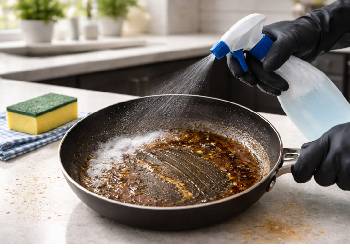 Person wearing black gloves spraying cleaning solution on greasy frying pan on kitchen table