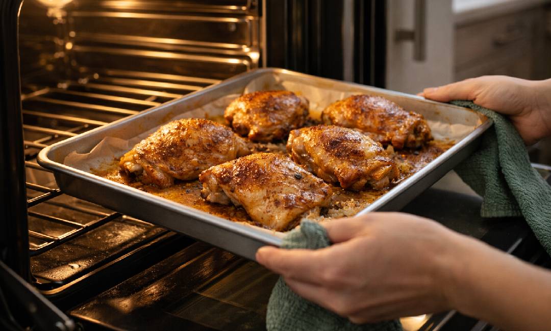 Person using green kitchen towel to pull tray of roasted chicken thighs out of oven