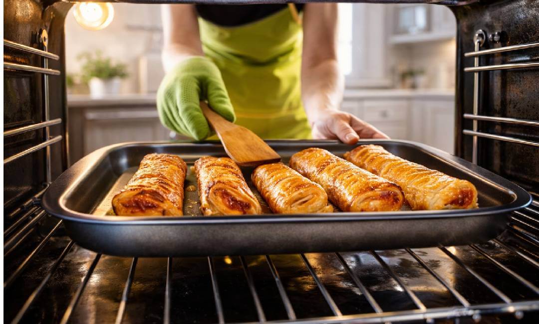 tray of golden puff pastry rolls baking in oven while cook checks them