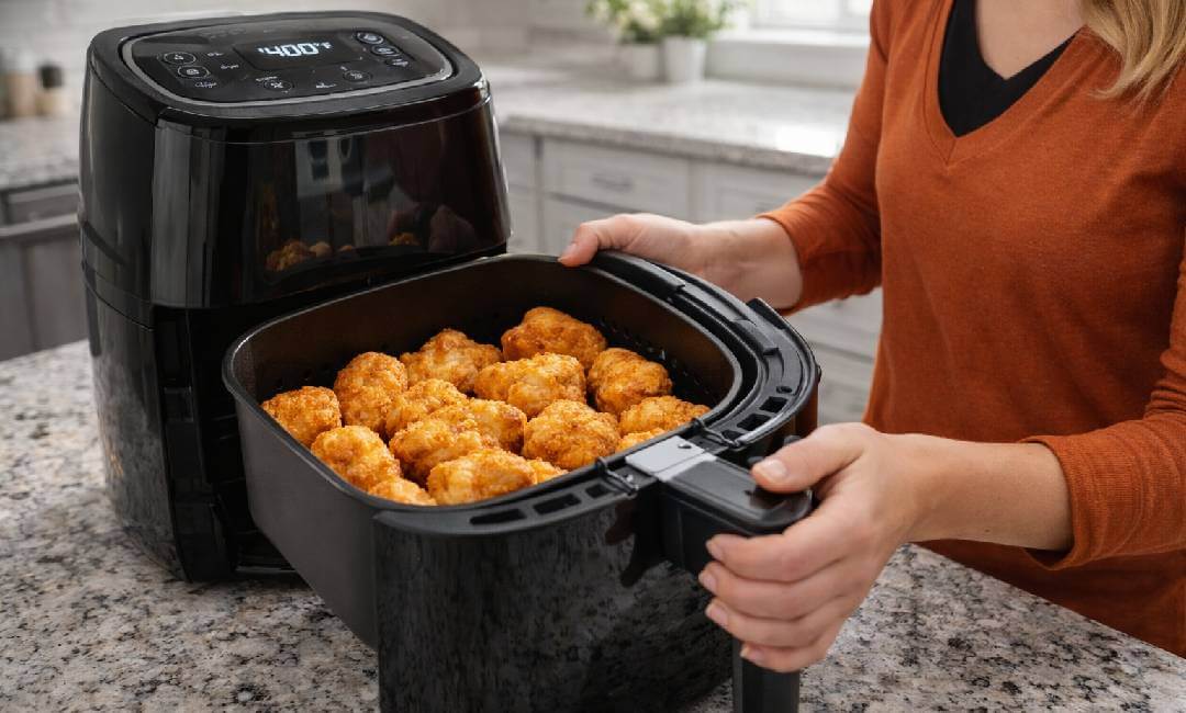 woman checking crispy food in basket air fryer on kitchen counter