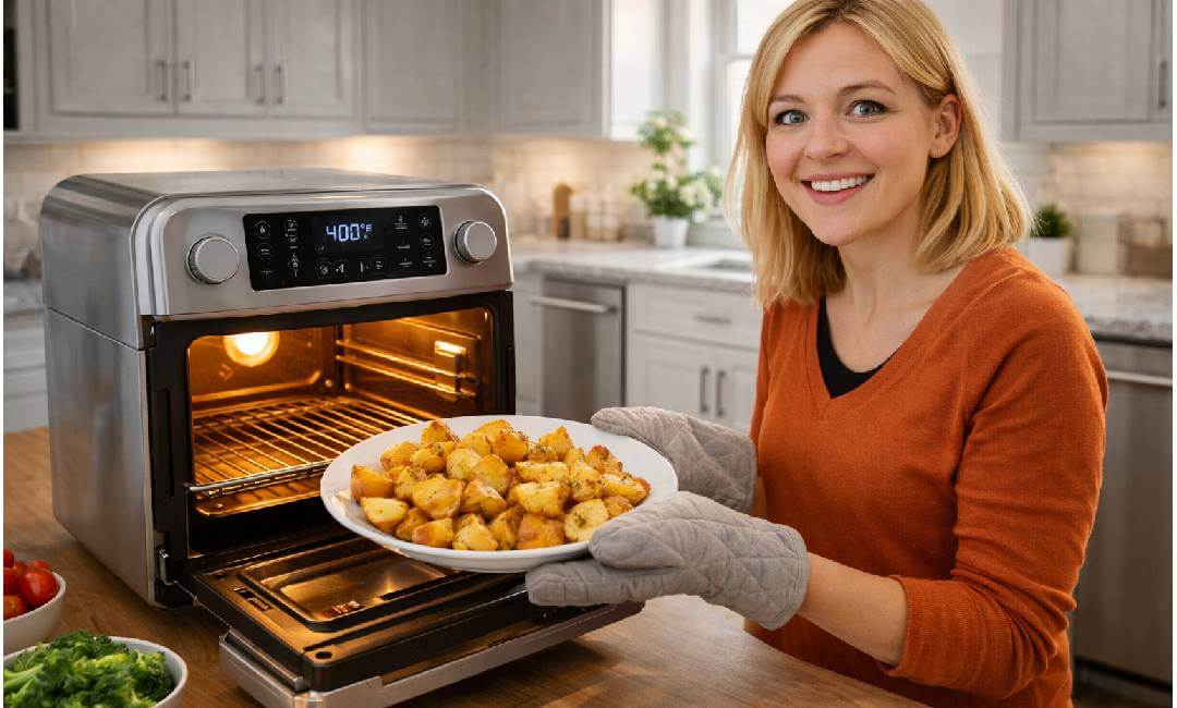 woman removing plate of roasted potatoes from air fryer oven