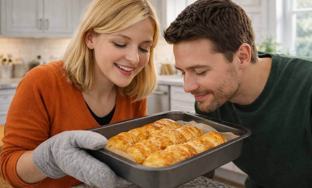 smiling couple smelling freshly baked pastries on tray
