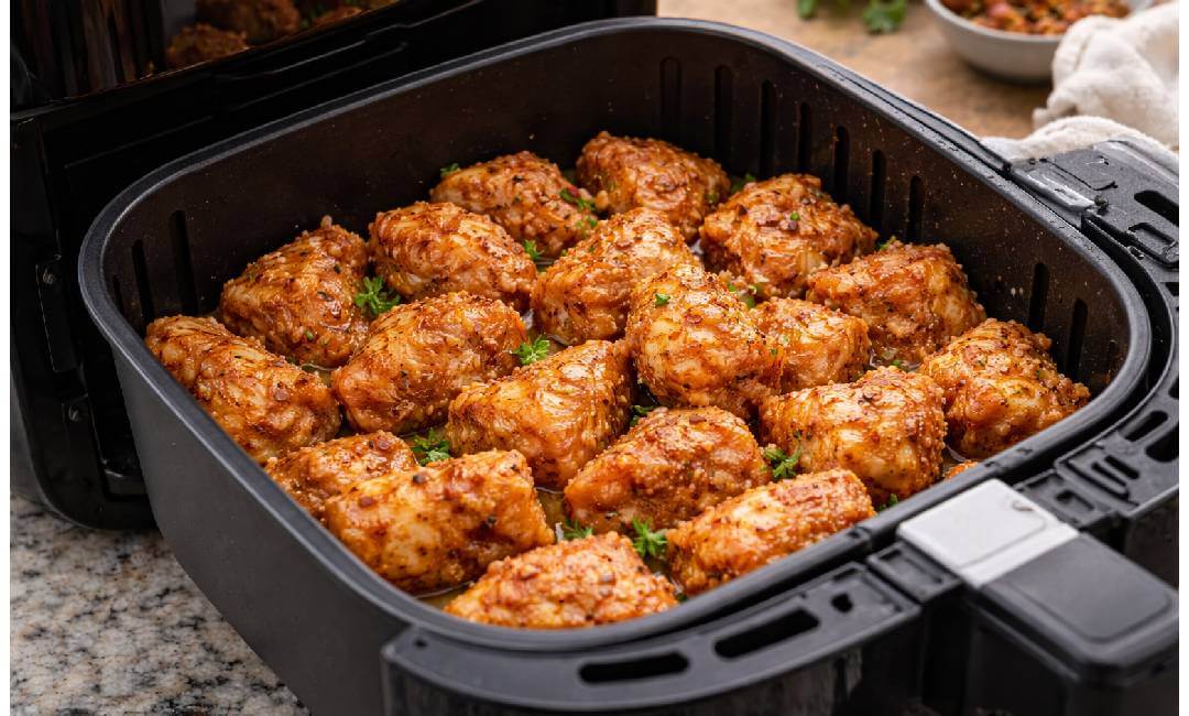 raw seasoned chicken pieces inside basket air fryer drawer