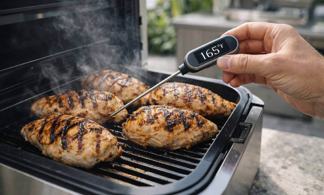 Hand using a digital meat thermometer to check temperature of grilled chicken inside an electric grill with light smoke rising.
