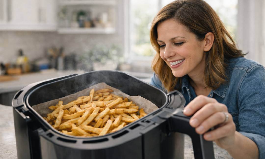 Smiling woman opening an air fryer basket with crispy french fries in a bright modern kitchen.