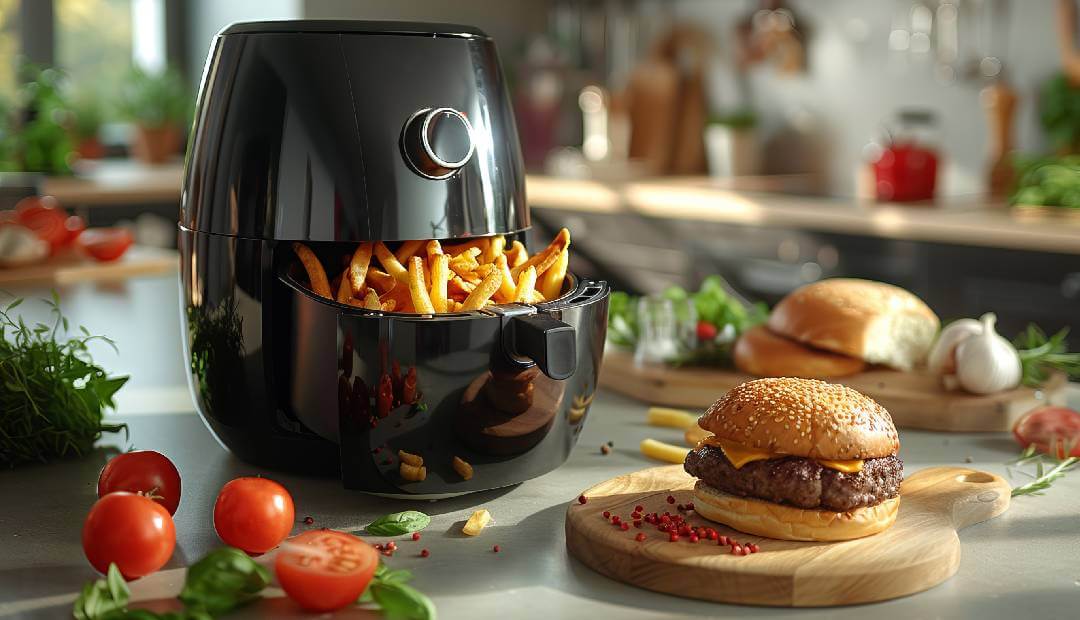 Black air fryer cooking French fries with burger on a modern kitchen counter