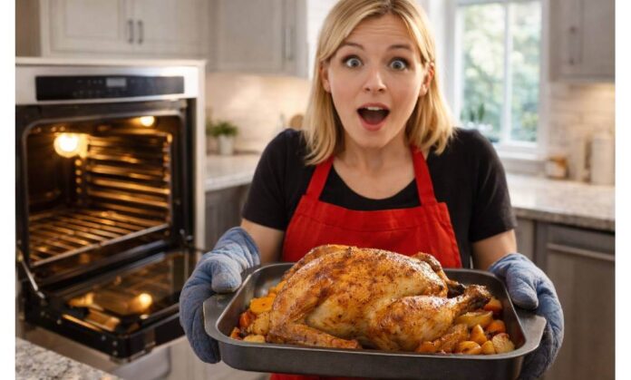 woman holding tray with whole roasted chicken in kitchen