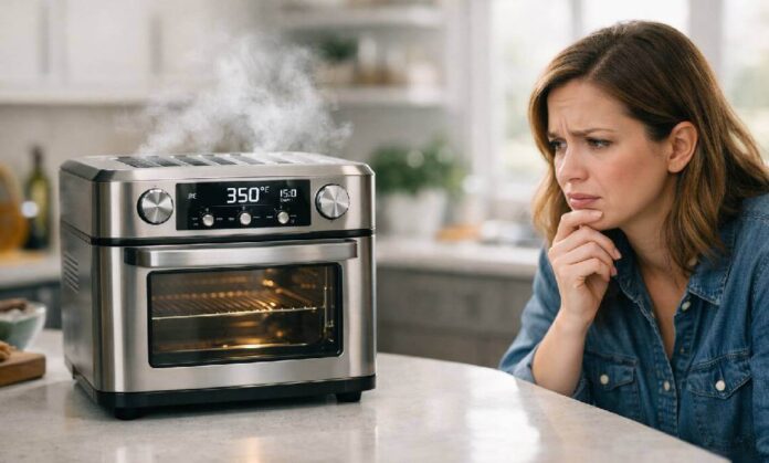 Smoking air fryer oven on kitchen counter with confused home cook in a bright modern kitchen troubleshooting appliance issue.