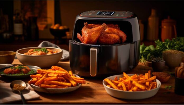 Air fryer cooking whole roasted chicken with crispy fries on kitchen table