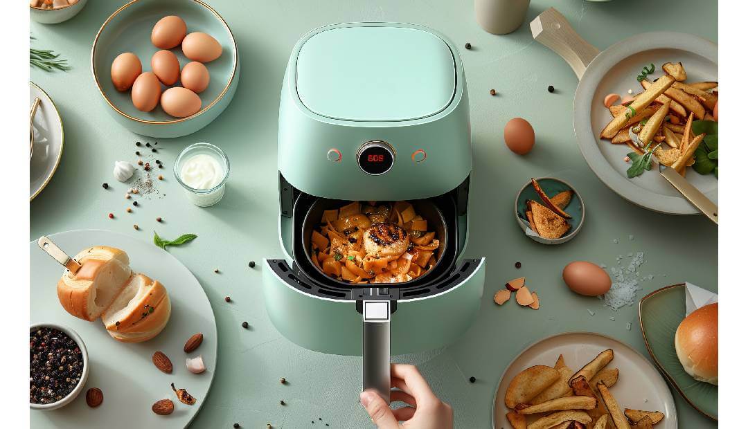 Modern air fryer with ingredients like eggs, fries, and bread around