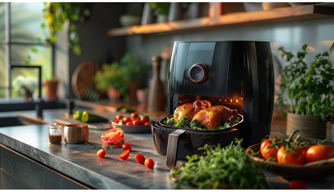 Air fryer with roasted chicken and fresh vegetables on countertop