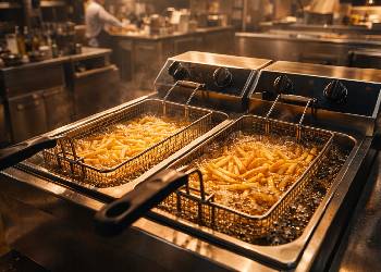 Dual basket fryer cooking crispy french fries in commercial kitchen