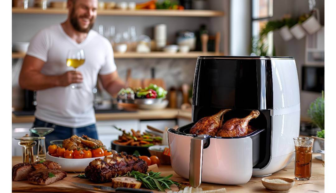 Air fryer basket with crispy chicken in kitchen scene