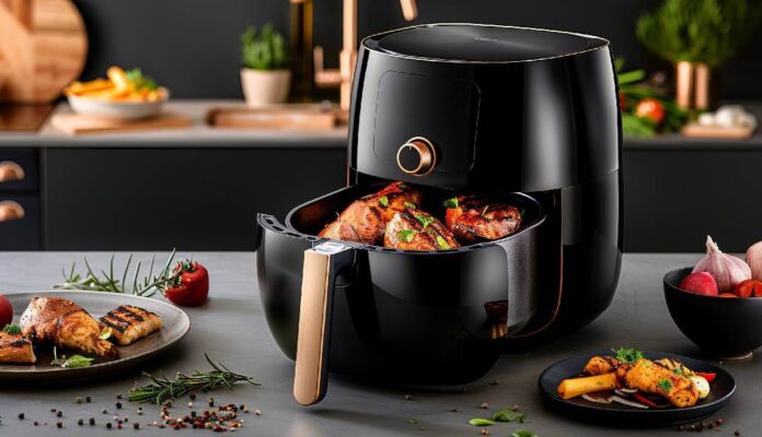 Black air fryer with crispy chicken in basket on a modern kitchen counter