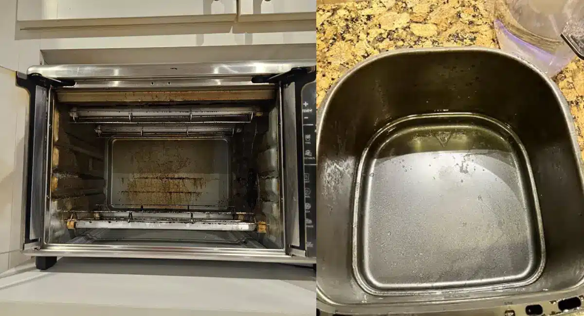 Greasy Ninja air fryer oven interior and removable basket soaking in warm soapy water