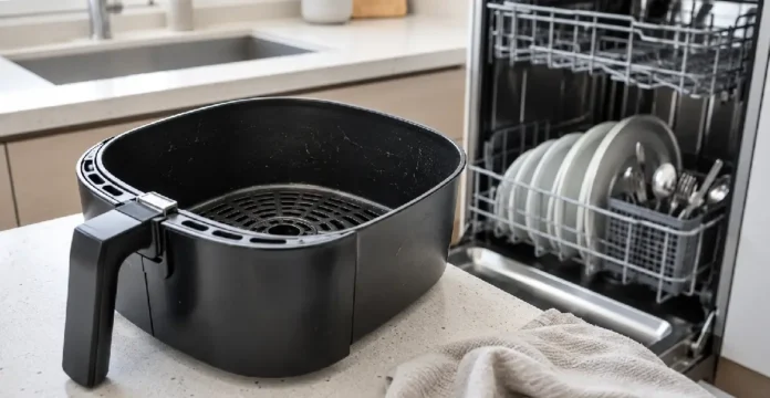 Can I Put My Air Fryer Basket in the Dishwasher?air fryer basket beside an open dishwasher in a modern kitchen