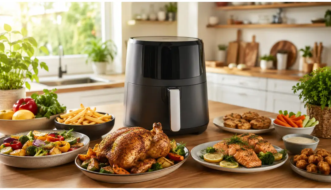 modern kitchen with air frying foods