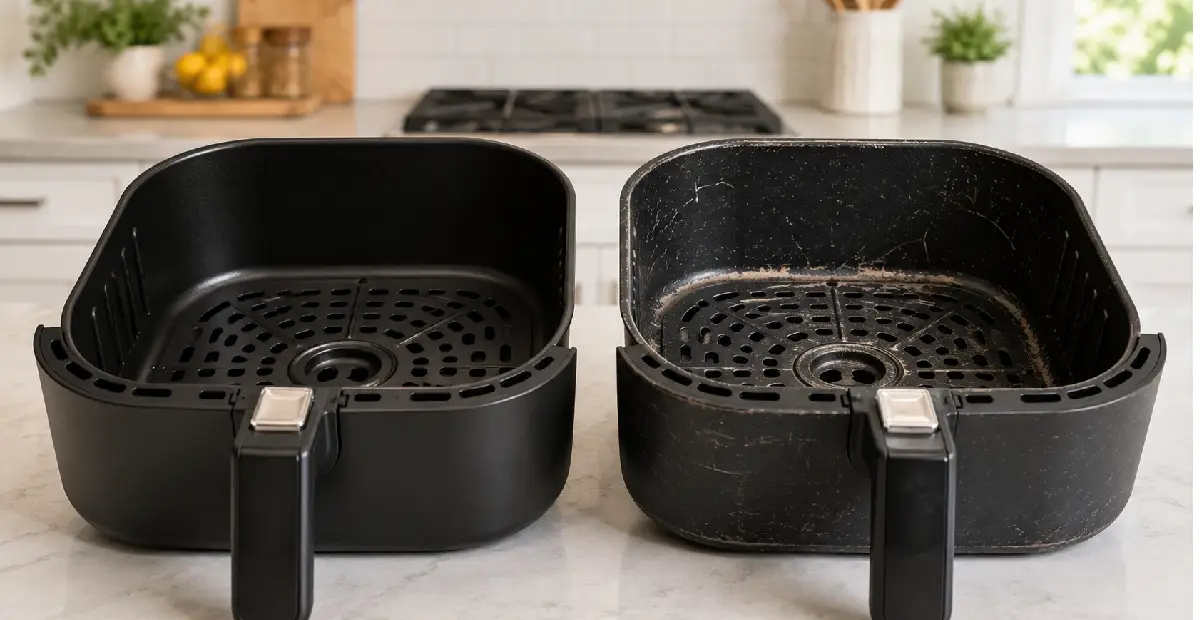 Can Dishwasher Cleaning Damage an Air Fryer Basket. Clean and scratched air fryer baskets compared after repeated dishwasher cleaning.