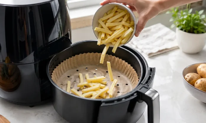 Fries being added on top of a perforated parchment liner inside an air fryer basket