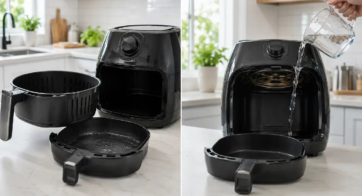 Person pouring a small amount of water into an open air fryer drawer to help loosen grease and food residue