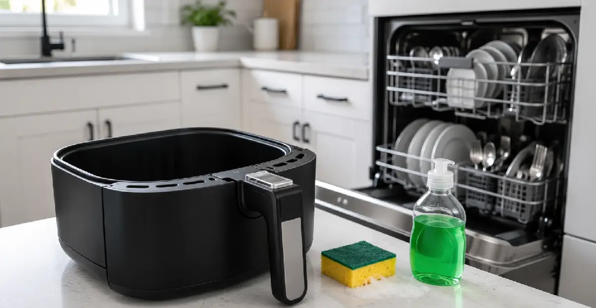 Air fryer basket with sponge and dish soap beside an open dishwasher.