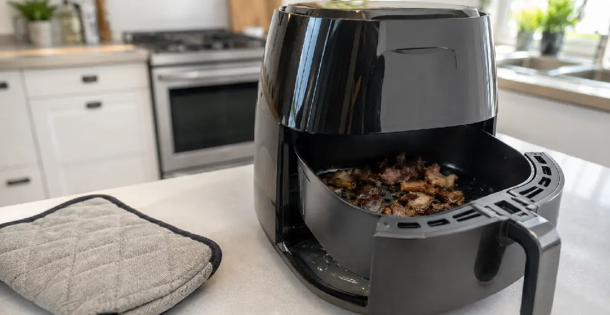 Black air fryer basket pulled open with burnt food residue inside on a kitchen counter