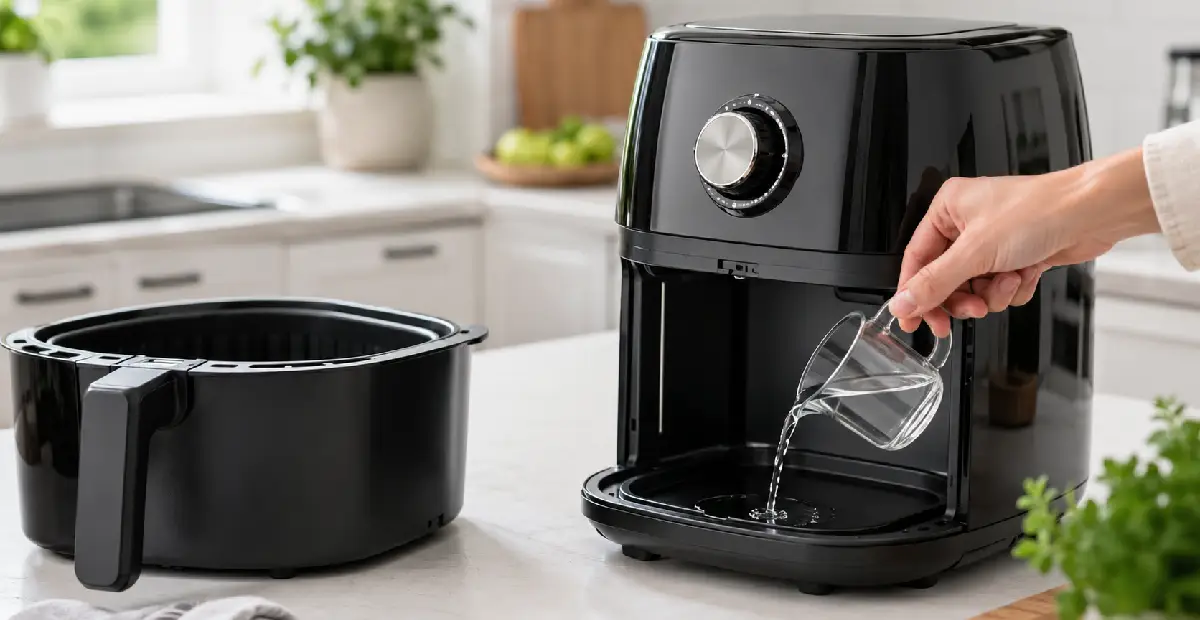 Person pouring a small amount of water into the bottom tray of a black air fryer on a kitchen counter