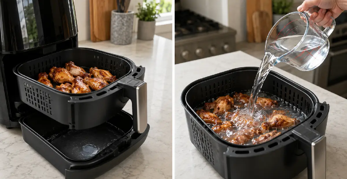 Split image showing an air fryer basket with food residue and a person pouring a small amount of water into the basket area