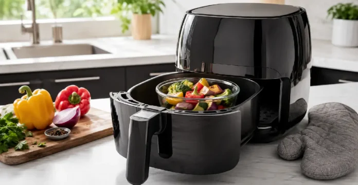 Can You Use Glass in an Air Fryer Safely?Oven-safe glass bowl with vegetables placed inside a black air fryer basket on a kitchen counter
