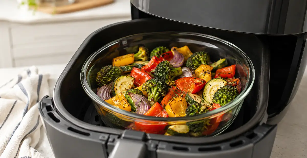 Why Can Glass Break in an Air Fryer?Oven-safe glass dish filled with roasted vegetables inside a black air fryer basket