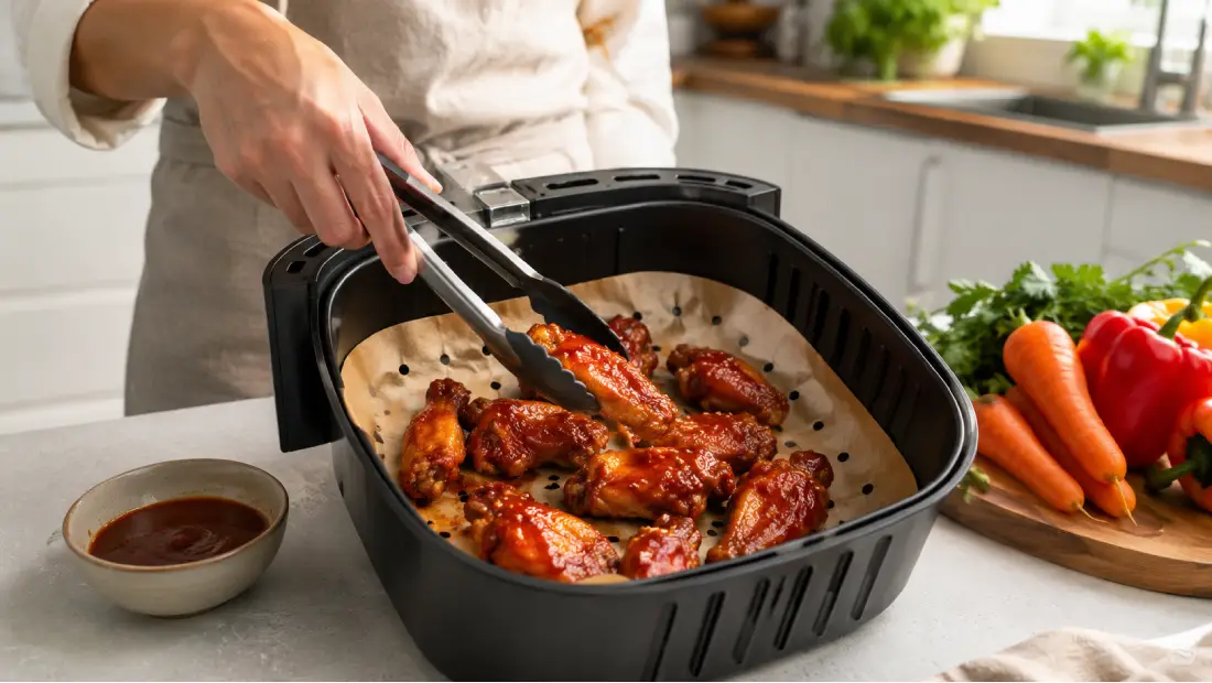 Person removing cooked chicken from an air fryer basket lined with parchment paper