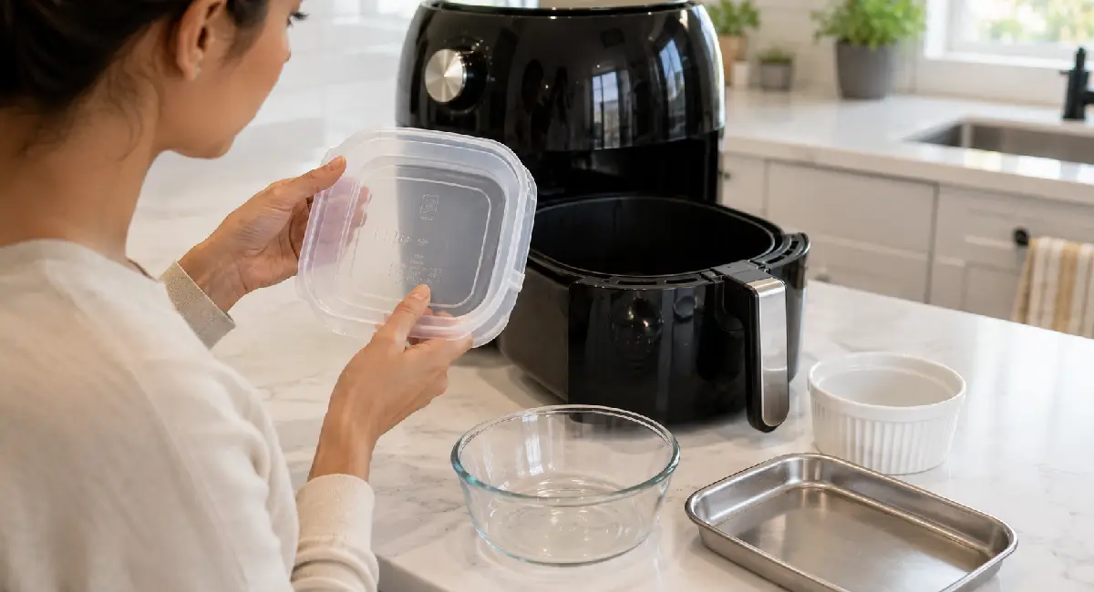 Person holding a plastic food container near an open air fryer with glass, ceramic, and metal dishes on the counter