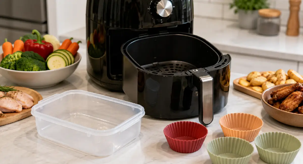 Air fryer basket with plastic food container and silicone cups beside safe cooking accessories on a kitchen counter