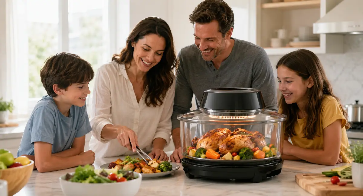 Family preparing food beside a glass air fryer filled with roasted chicken and vegetables on a kitchen counter