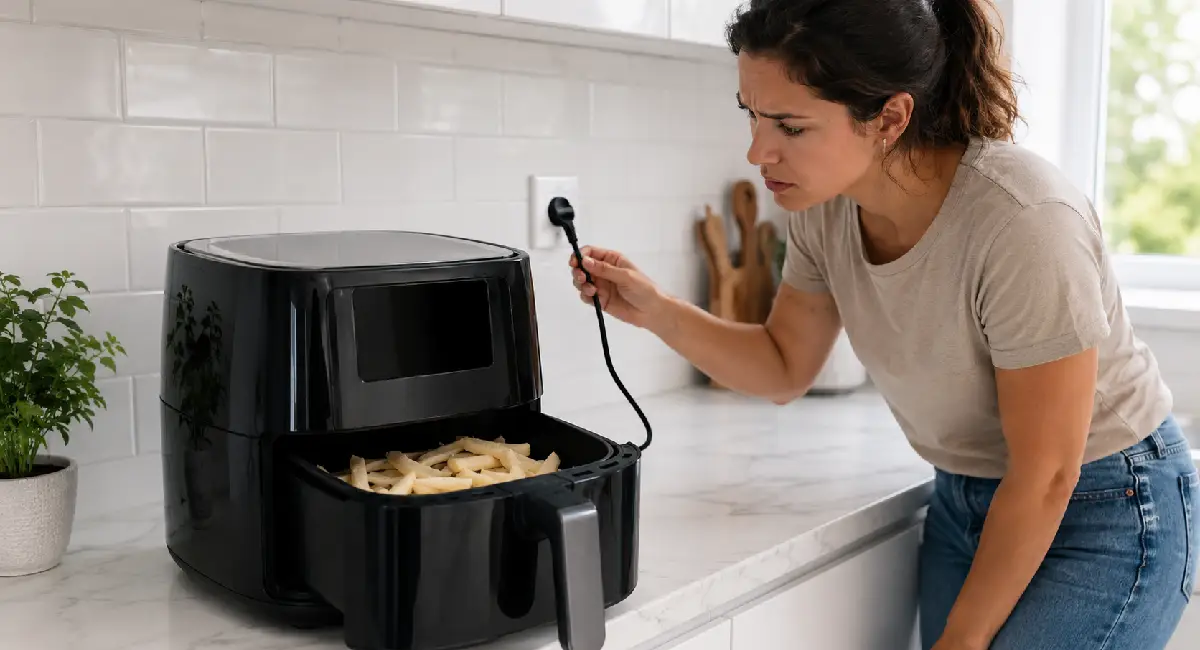 Woman checking the power plug of a black air fryer with uncooked fries in the basket
