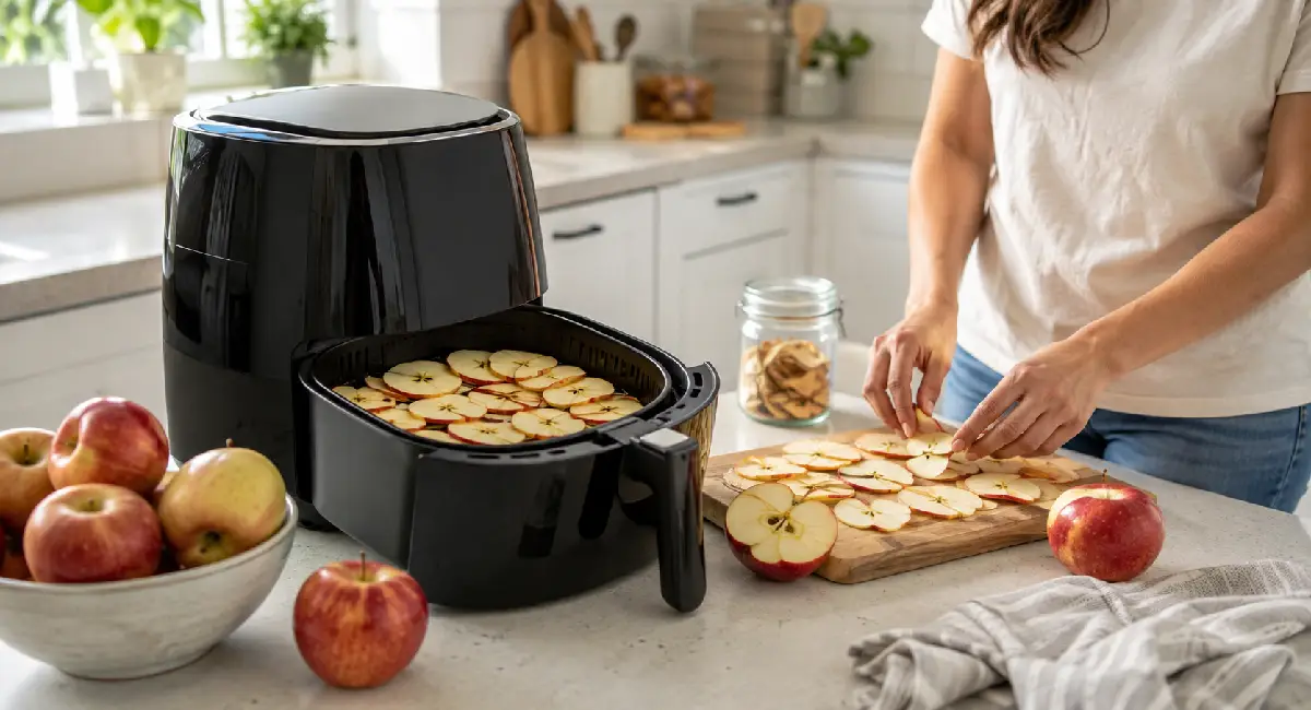 Person arranging thin apple slices in an air fryer basket for dehydrating on a kitchen counter